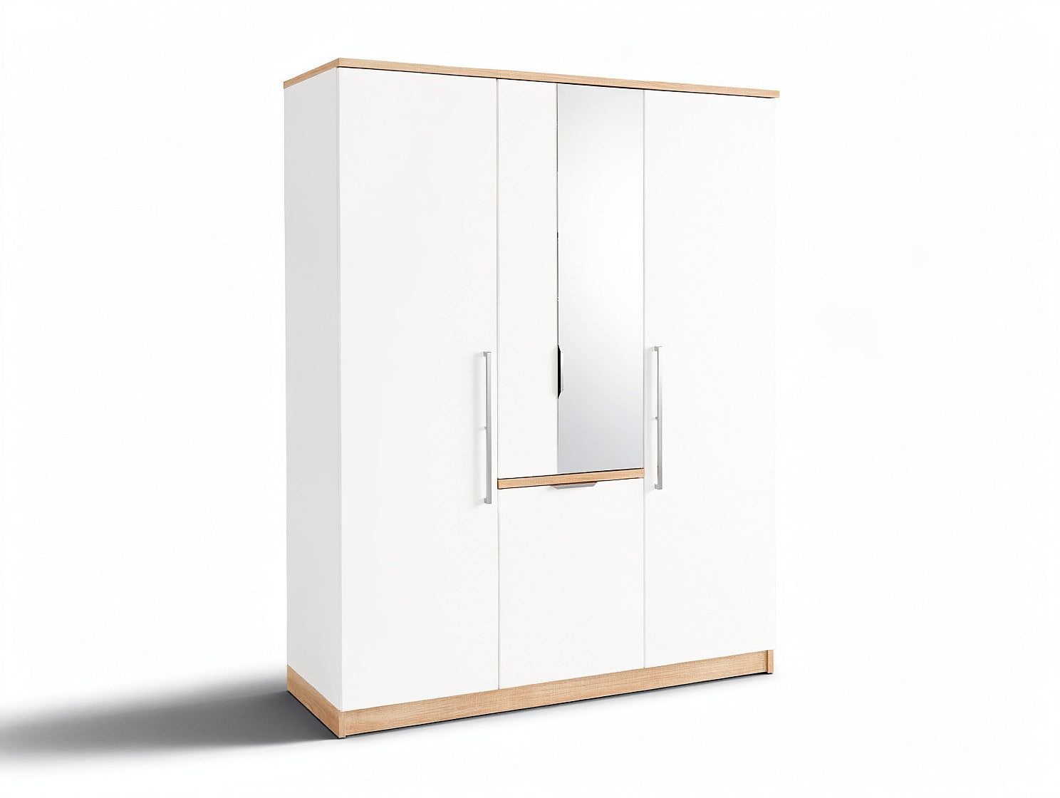 Moderner weißer Kleiderschrank mit Spiegel und Holzdetails**